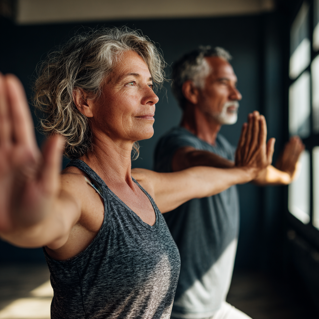 Middle-aged adults practicing mindful movement and stability exercises in natural light