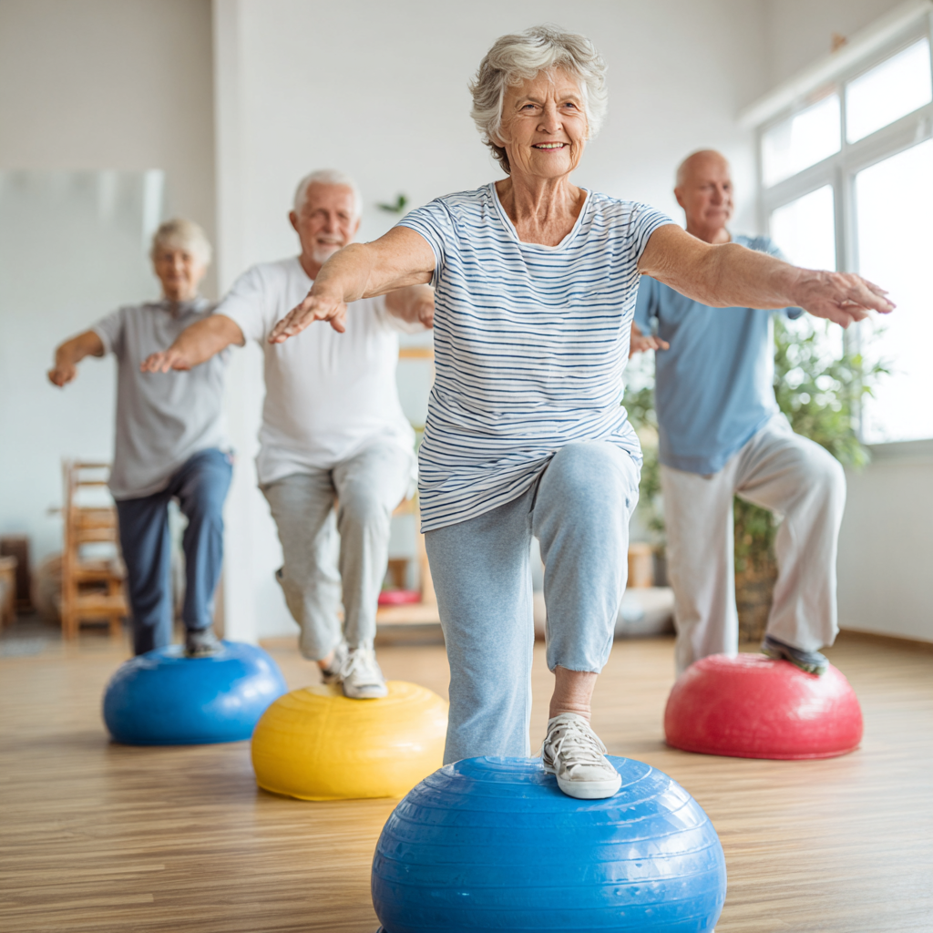 Older adults demonstrating balance and mobility training with supportive environment
